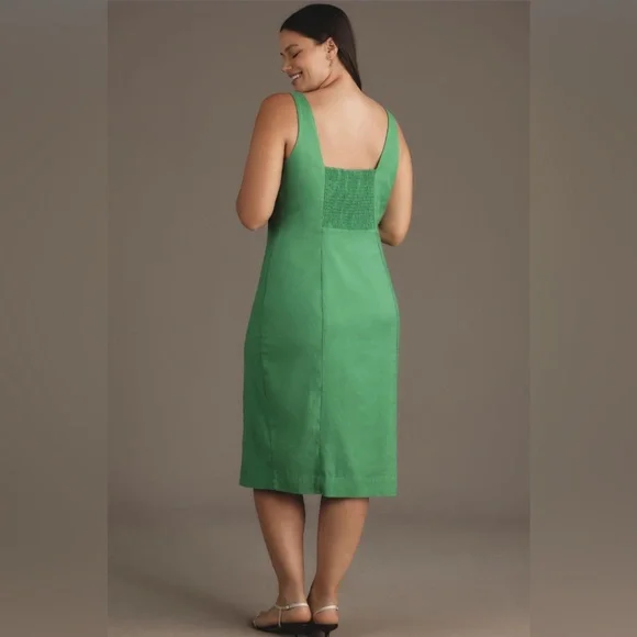 ✨ Anthropologie Sleeveless Square-Neck Linen Button Wrap Midi Dress Sz L - Picture 5 of 8